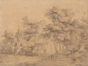 Wooded Landscape with Figures, Donkeys and Cottage