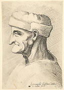 Head of an old man wearing cap in profile to left