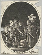 Salome receiving the head of John the Baptist, surrounded by three men and a child bearing a torch, the Baptist's body lies on the ground, an oval composition