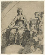 A personification of Philosophy sitting on clouds with her feet resting on a globe, two putti at right holding a tablet