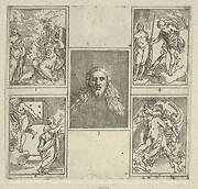 Five numbered scenes, each after a painter in the Accademia Degl'Incamminati, from IL FUNERALE D'AGOSTINO CARRACCIO FATTO IN BOLOGNA SUA PATRIA DAGL'INCAMINATI Academici del Disegno: 1. Painting and Poetry mourning the death of Agostino Carracci, painted by Francesco Brizio; 2. Painting with a lyre and Apollo pointing to stars on Carracci's grave, design by Giacomo Cavedone; 3. The head of Christ, painted by Agostino Carracci; 4. Prometheus with a torch and Athena behind him, painted by Alessandro Albini; 5. Aurora abducting Cephalus, painted by Leonello Spada.