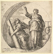 Fortitude and Justice, an allegorical composition in round format, with Fortitude grasping a stone column and Justice pointing upward, a set of scale rests on a rock at right