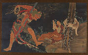 A Priest (Kobo Daishi) practicing the Tantra, a demon before him, and a wolf behind