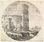 Plate 8: the Colosseum, two herds being directed towards the amphitheater in the foreground, a round composition, from 'Roman landscapes and ruins' (Paysages et ruines de Rome)