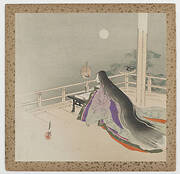 Lady Murasaki on her balcony under a full moon writing by candleight