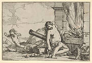 Fire, represented by Venus seated before Vulcan's forge, with armor, a cannon, and cannon balls surrounding her, she turns her head toward Cupid, who stretches his body away from her, from "The Elements"