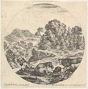 Plate 10: a horse lying down in center, a cow and two goats to right, two seated shepherds to left, a waterfall and a mountain to left in the background, a round composition, from 'Roman landscapes and ruins' (Paysages et ruines de Rome)