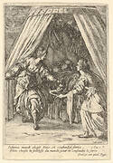 Judith placing the head of Holofernes on a tray held by an attendant, with the body of Holofernes on a canopied bed