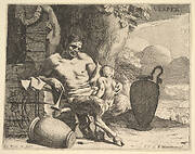 Evening: a seated satyr clasps his child, a figure hangs a garland on a pier beyond, from the series 'Hours of the day'