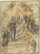 Study Sheet with the Virgin Mary, Saints, Angels and Figures from the Adoration of the Magi