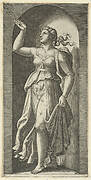 Faith personified by a woman standing in a niche, pointing to rays in the upper left, from 'The Virtues'