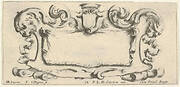 Plate 12: a cartouche with an empty escutcheon at top center, a head of a lion in profile to either side, from 'Twelve cartouches' (Recueil de douze cartouches)