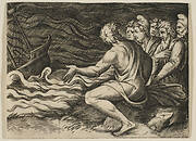 A group of figures at right witnessing a shipwreck