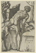 Naked man viewed from behind climbing a river bank, after Michelangelo