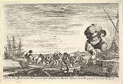 Title page: men carrying bags across a rowboat and onto shore in center, one man carrying two bags in right in the foreground, ships to left and right in the background, from 'Views of seaports' (Vues de ports de mar)