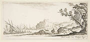 Plate 7: various boats on shore to left, a man carrying a bag, seen from behind and walking towards the background, a fortress in center background, a tree to the right, from 'Various landscapes' (Divers paysages)