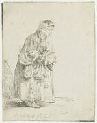 Beggar woman leaning on a stick