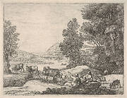 Shepherd and shepherdess conversing in a landscape, with a bridge in the background