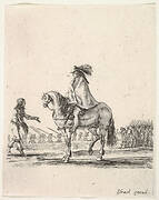 Horseman in center facing left speaking to a man on foot, infantry troops in a line in the background, from 'Various cavalry exercises' (Diverses exercices de cavalerie)