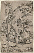 Two Male Nudes Gesturing in a Landscape