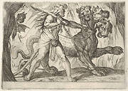 Hercules and Cerberus: Hercules grasps the collar of Cerberus, two demons appear at left, from the series 'The Labors of Hercules'