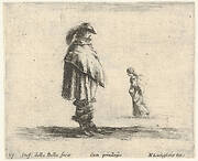 Plate 17: a man wearing a plumed hat in center facing right, a woman walking towards the left in the background, from 'Diversi capricci'