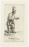 A peasant in a high cap, standing leaning on a stick