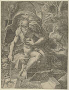 Diogenes seated with his barrel behind him, and reading a book while holding a stick that rests on a geometry book to his right