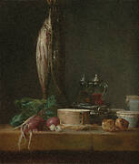 Still Life with Fish, Vegetables, Gougères, Pots, and Cruets on a Table