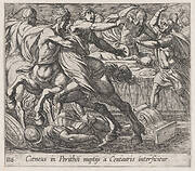 Plate 116: The Battle of the Lapithae and the Centaurs (Caeneus in Perithoi nuptijs a Centauris interficitur), from Ovid's 'Metamorphoses'