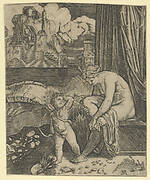 Venus naked sitting at right drying her foot with a piece of drapery, Cupid, in front of her, holding a bow in his right hand