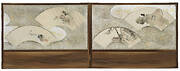 Four fan paintings mounted on a screen; "Frog on Lotus Leaf", "Scholar in a House", "Landscape", and "Boat and Rock"