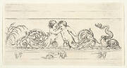 Plate 3: two infants standing in the water at center with their legs as scrollwork, below three small sketches of heads, from 'Friezes, foliage, and grotesques' (Frises, feuillages et grotesques)