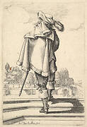 A gentleman, seen from behind, walking up a parapet, with a cloak over his left shoulder, wearing a plumed hat and boots with spurs