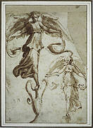 Two winged figures with ornamental trumpets