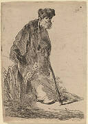 Man in a Coat and Fur Cap Leaning against a Bank