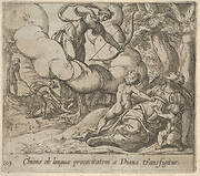 Plate 105: Diana aiming her bow toward Chione, who is accompanied by two children, in another scene at left Mercury approaches the sleeping Chione, from a series illustrating 'The Metamorphoses' of Ovid