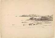 Rocklined Beach with Distant Boats