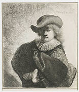 Self-portrait in a soft hat and a patterned cloak