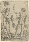 A young naked man standing at left leaning on the trunk, another seen from behind, holding two snakes in his right hand and a convex mirror in his raised left hand