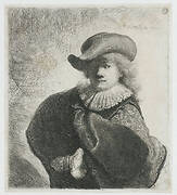 Self-portrait in a soft hat and a patterned cloak