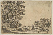 Plate 4: a deer hunt, two horsemen galloping towards the rightbehind three dogs and a deer, a group of trees to left, from 'Various Figures' (Agréable diversité de figures)