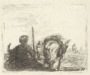 Pack-horse, seated man with staff in right hand, and dog, all viewed from the rear, from the series 'The Small Landscapes'