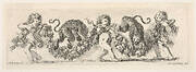 Design for a Frieze with Three Putti holding a Garland and Two Leopards jumping over it, Plate 16 from: 'Decorative friezes and foliage' (Ornamenti di fregi e fogliami)