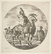 Moorish horseman in profile facing right, a black slave holding a fur at right, another horseman to left in the background, from 'Figures on Horseback' (Cavaliers nègres, polonais et hongrois)