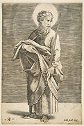 Saint Paul looking to the right and holding a sword and a book