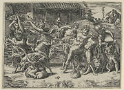 The procession of Silenus who is carried on an ass preceeded by a bacchant playing the cymbals and other figures