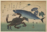 Crab (Kani or Kegani) with Mackerel (Saba) and Morning Glory , with inscription