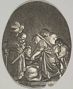 Salome receiving the head of John the Baptist, surrounded by three men and a child bearing a torch, the Baptist's body lies on the ground, an oval composition