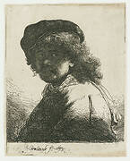 Self-portrait in a cap and scarf with the face dark: bust